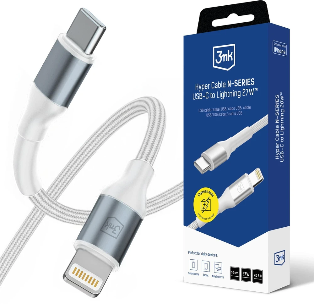 3Mk Protection 3mk Hyper Cable N-SERIES USB-C / Lightning 50cm PD 3.0 9V/3A 27W - baltas