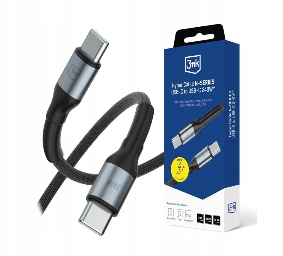 3Mk apsaugos priedai - 3mk Hyper Cable N-SERIES C-C 2m PD 3.0 QC 3.0 48V/5A 240W Juodas