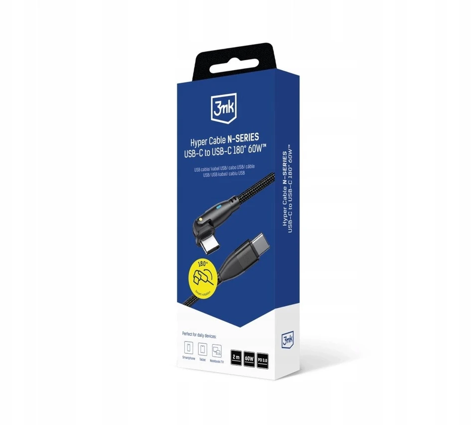 3Mk apsaugos priedai - 3mk Hyper Cable N-SERIES C į C 2m PD 3.0 QC 3.0 20V/3A 60W Juodas - Pasukamas