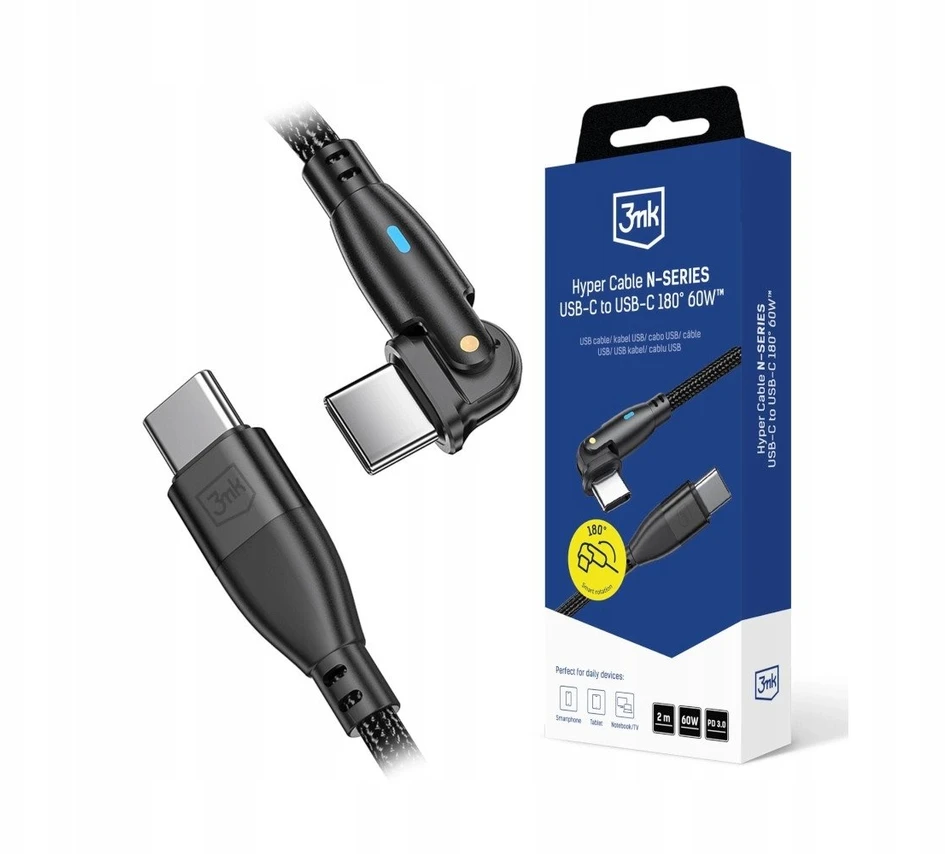 3Mk apsaugos priedai - 3mk Hyper Cable N-SERIES C į C 2m PD 3.0 QC 3.0 20V/3A 60W Juodas - Pasukamas