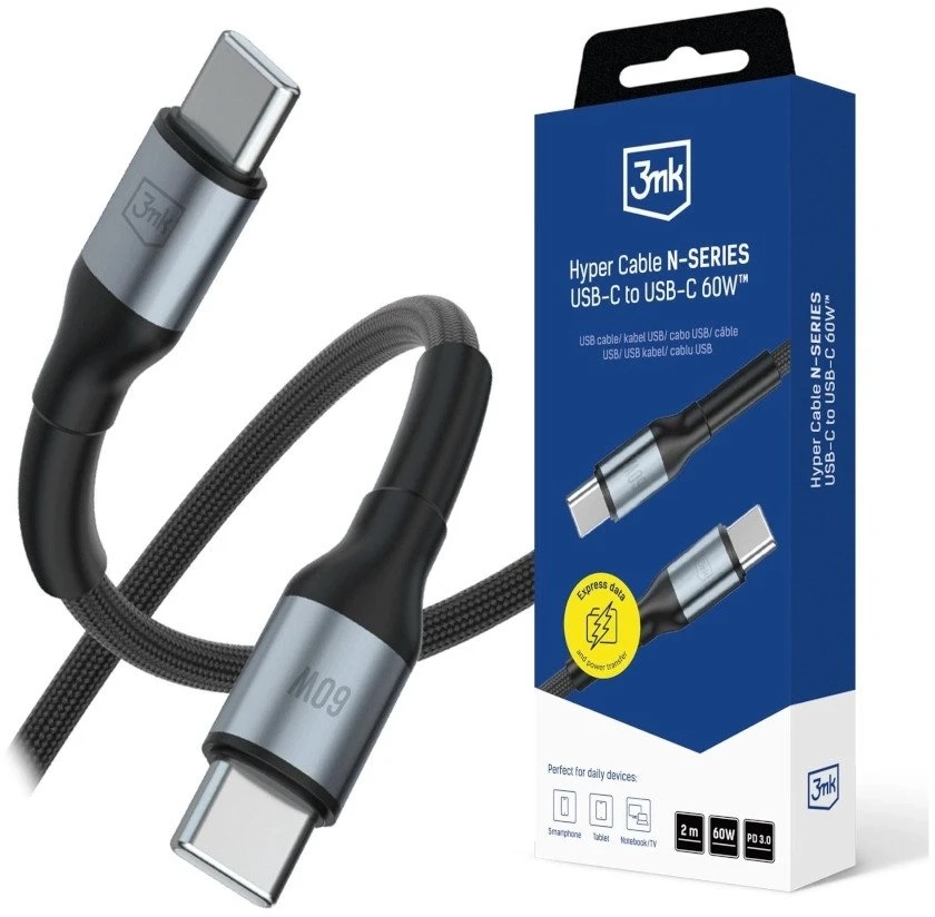 3Mk apsaugos priedai - 3mk Hyper Cable N-SERIES C-C 2m PD 3.0 QC 3.0 20V/5A 100W Juodas