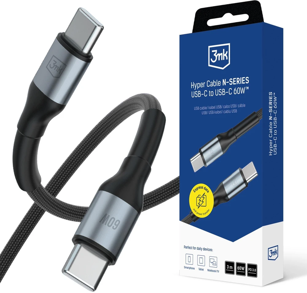 3Mk Protection 3mk Hyper Cable N-SERIES USB-C / USB-C 3m PD 3.0 QC 3.0 20V/3A 60W - juodas