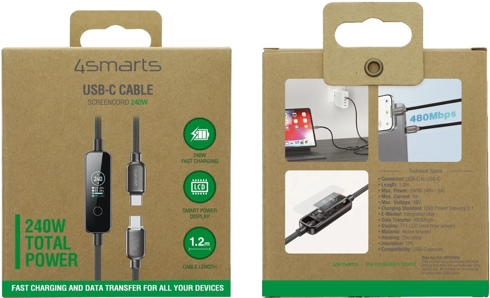 Kabelis 4smarts ScreenCord 240W USB-C/USB-C 1.2 m juodas