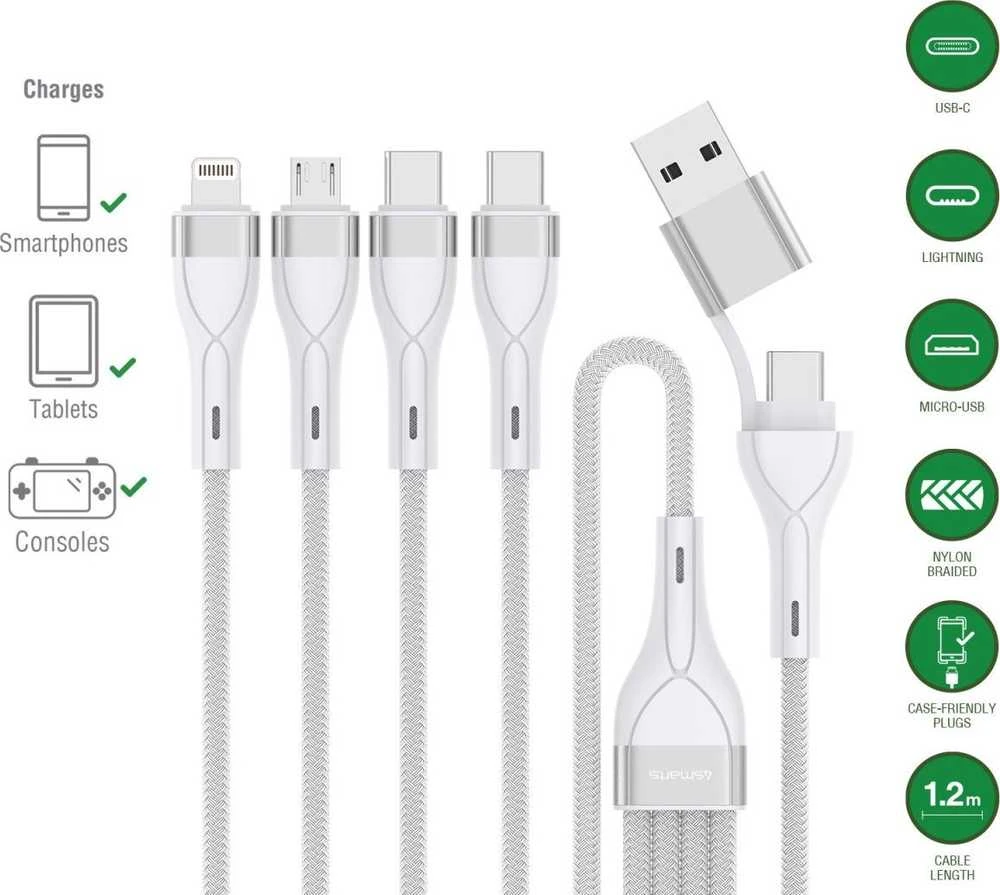 Kabelis USB-C/USB-A 4smarts 4w1 1.2m balta