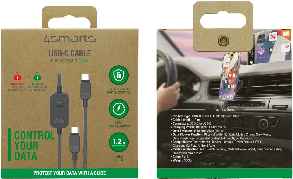 Kabelis USB 4smarts USB-C Kabelis PrivacyCord 240W 1,2m, juoda (541887)