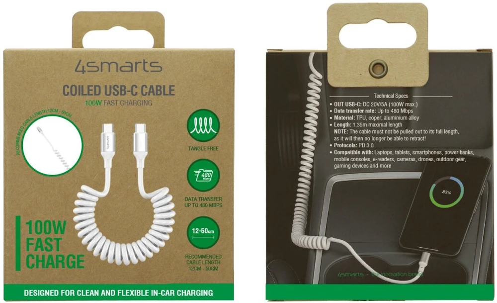 Kabelis 4smarts spiralinis USB-C į USB-C 100W baltos spalvos