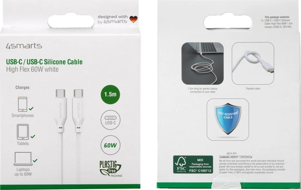 4Smarts USB-C/USB-C silikoninis kabelis High Flex 60W 1,5m., baltas