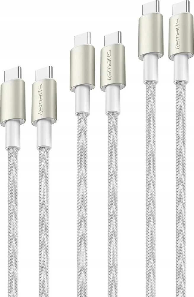 4Smarts USB-C to USB-C PremiumCord 60W Set of 3 0.5M+1.5M+3M baltas / sidabrinis