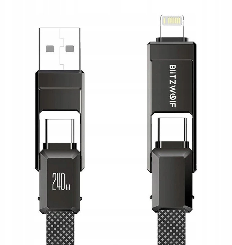 Blitzwolf BW-HDC7 4-in-1 USB+C+Lightning kabelis 240W 1.2m juodos spalvos