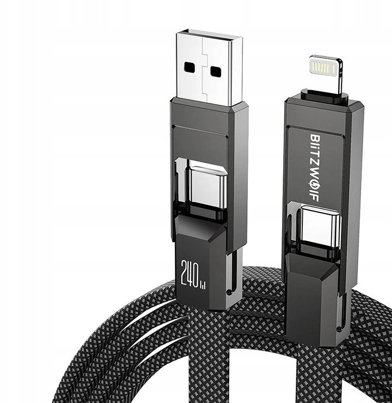 Blitzwolf BW-HDC7 4-in-1 USB+C+Lightning kabelis 240W 1.2m juodos spalvos