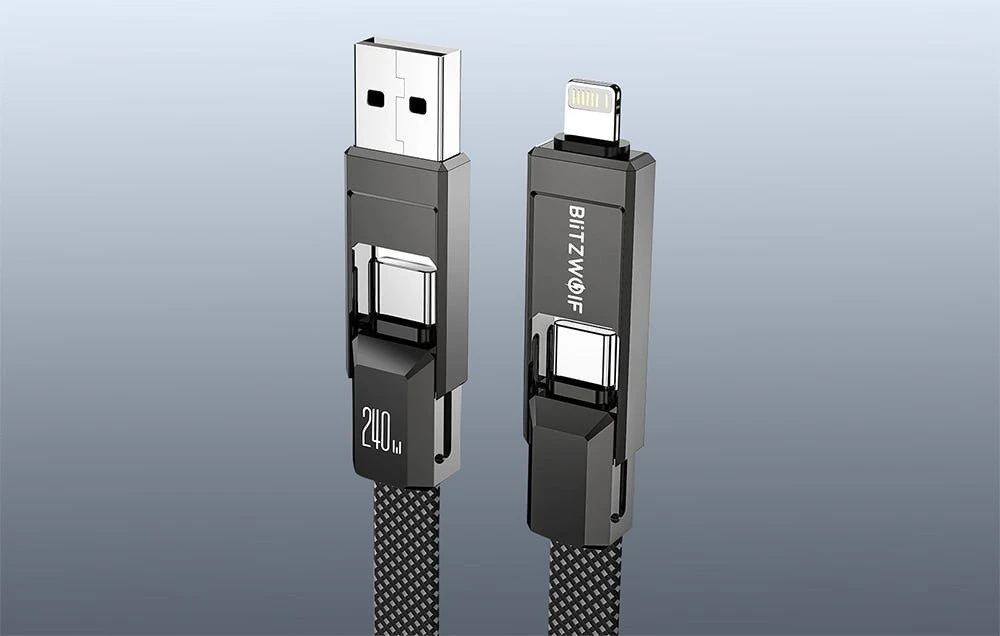 Blitzwolf BW-HDC7 4-in-1 USB+C+Lightning kabelis 240W 1.2m juodos spalvos