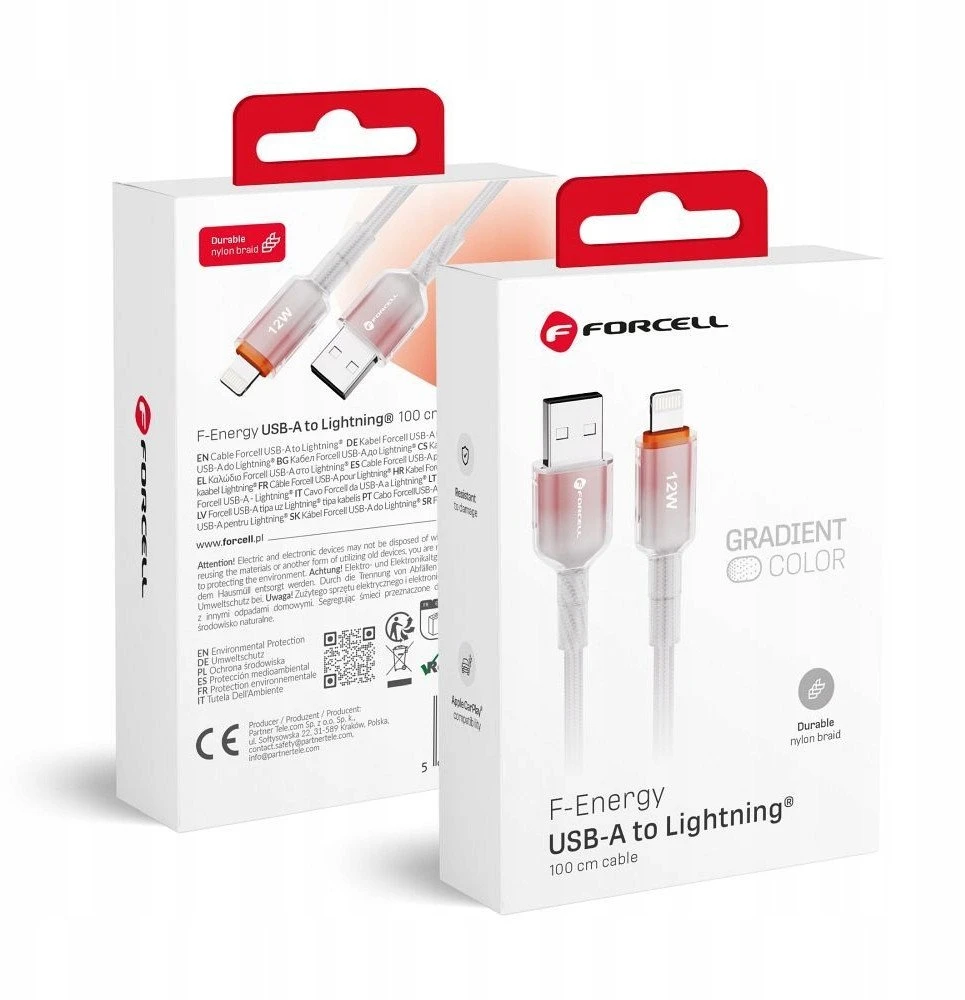 USB A tipo laidas su „Lightning“ jungtimi Forcell F-Energy 2,4A 12W gradientinis 1 m C353 baltas