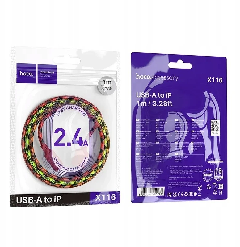 Laidas USB A - Lightning Hoco 2,4A 1 m X116 gradientinis raudonas