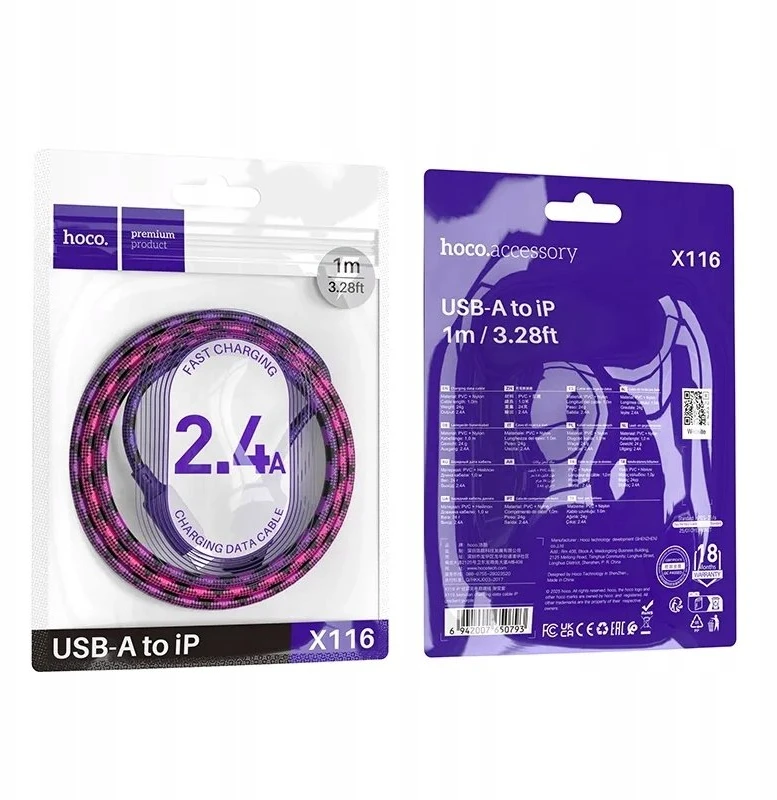 USB A tipo į Lightning tipo maitinimas Hoco 2,4A 1 m X116 violetinis gradientas