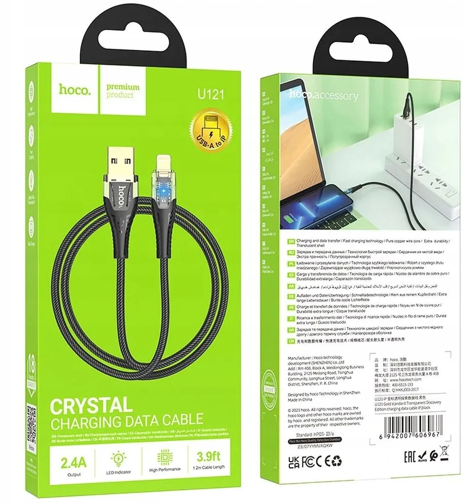 Cable USB A į Lightning Hoco 2,4A 1,2 m U121 juodas skaidrus