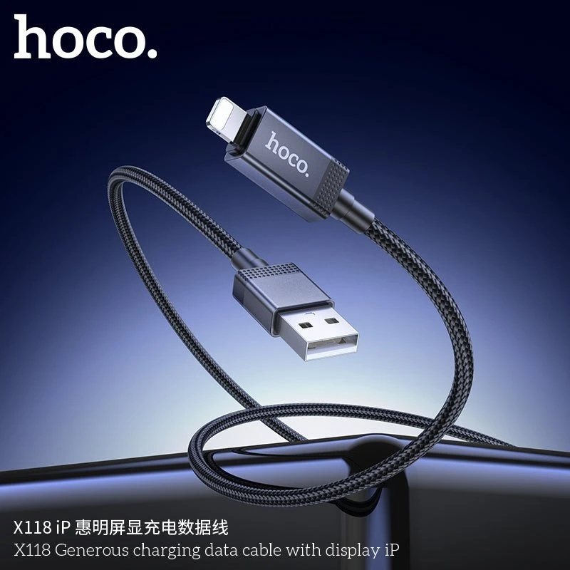 USB A tipo į „Lightning“ maitinimą maitinantis kabelis Hoco 2,4A su ekranu 1 m X118 juodas