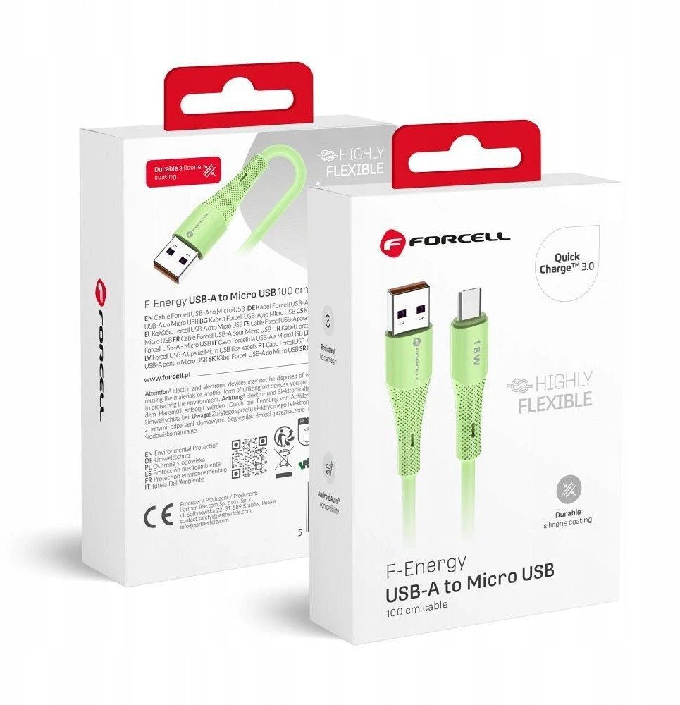 USB A į Micro USB laidas Forcell F-Energy QC3.0 2,4A 18W silikoninis 1 m C341 žalias
