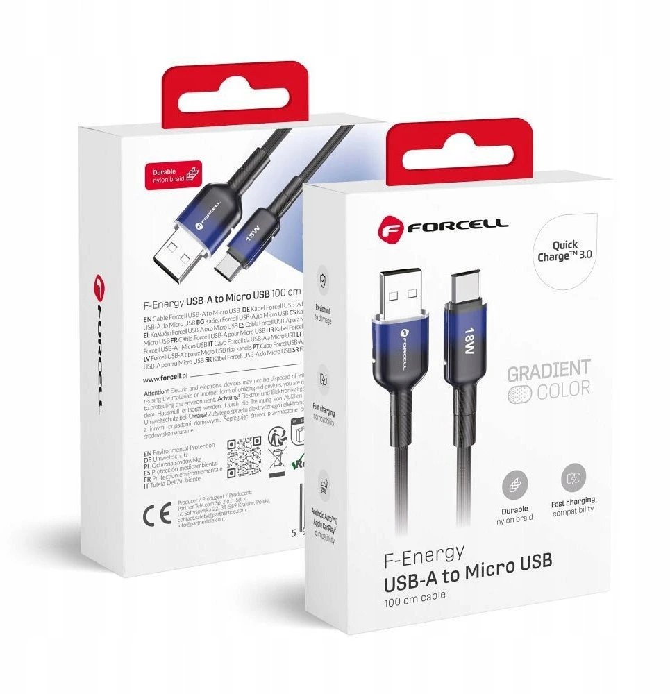 USB A į Micro USB laidas Forcell F-Energy QC3.0 2,4A 18W gradientas 1 m C351 juodas