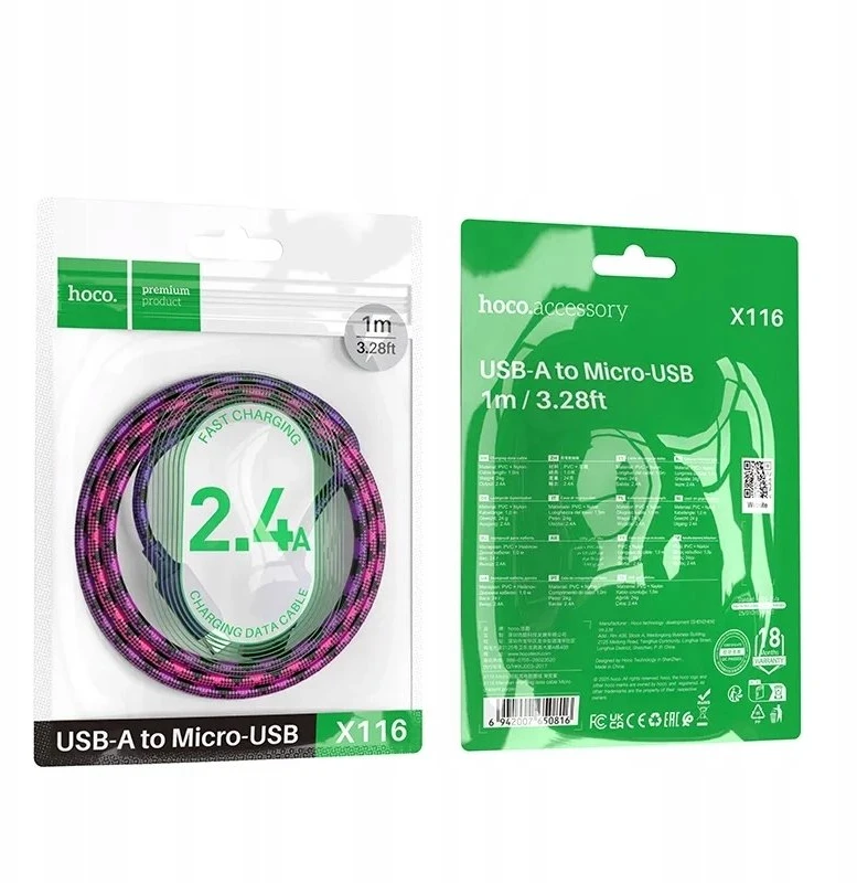 USB A į Micro USB kabelis Hoco 2,4A 1 m X116 gradientinis violetinis