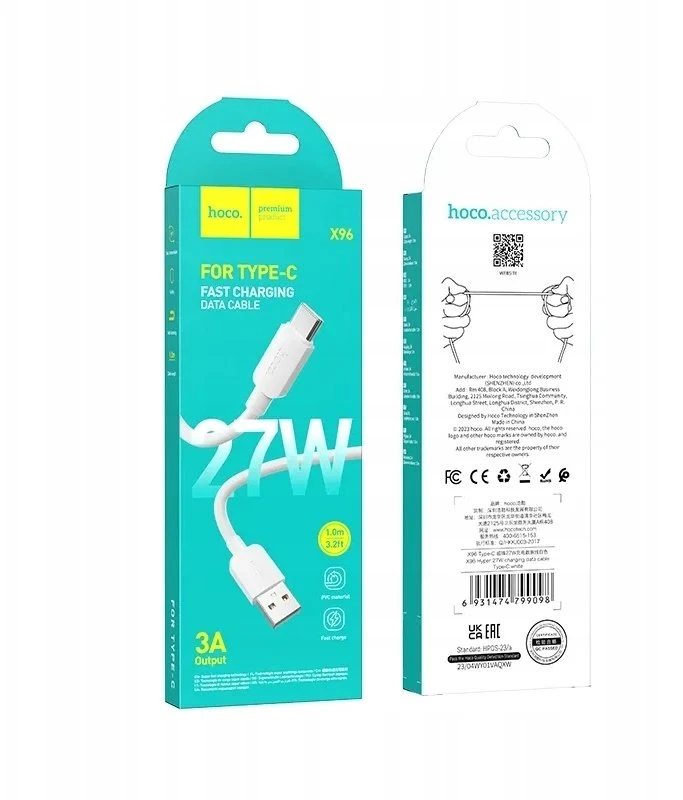 USB A į USB C laidas Hoco PD 2,4A 27W 1 m X96 baltas