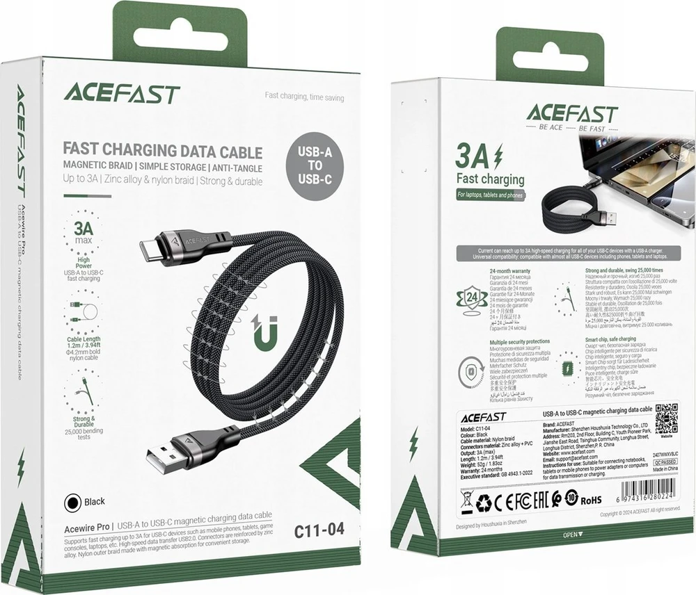 Acefast C11-04 USB-A – USB-C 3A kabelis 1.2m Magnetic Braid – juodos spalvos