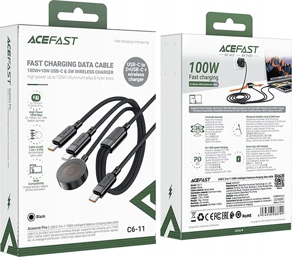 Acefast C6-11 USB-C 3in1 kabelis – 2x USB-C / Qi 480Mb/s 100W 1.2m – Juodos spalvos