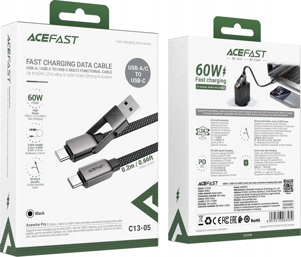 Acefast C13-05 USB-C – USB-A / USB-C kabelis 480Mb/s 3A 0.2m – Juodos spalvos