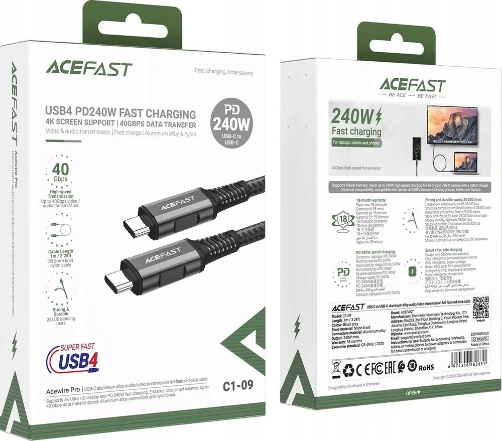 Laidas iš USB-C į USB-C Acefast C1-09, 48 W, 1 m (juodai pilkas)