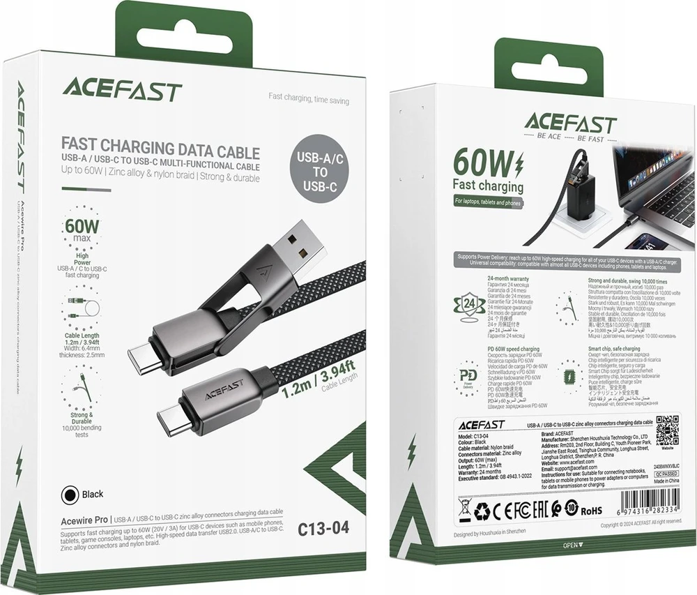 Acefast C13-04 USB-C – USB-A / USB-C kabelis 480Mb/s 3A 1.2m – Juodos spalvos