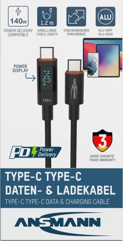 Kabelis USB Ansmann USB-C/USB-C 1700-0176 1.2 m 140 W Antracyt