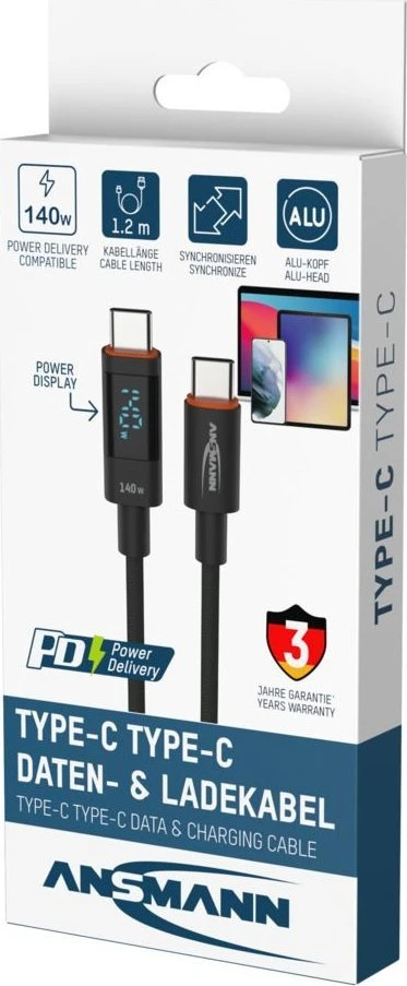 Kabelis USB Ansmann USB-C/USB-C 1700-0176 1.2 m 140 W Antracyt