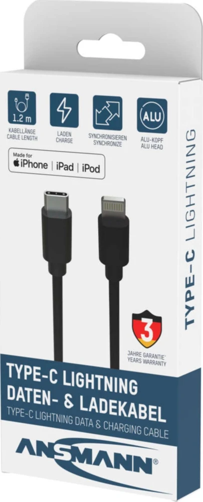 Kabelis USB Ansmann USB-C - Lightning 1.2 m Juodas (1700-0106)