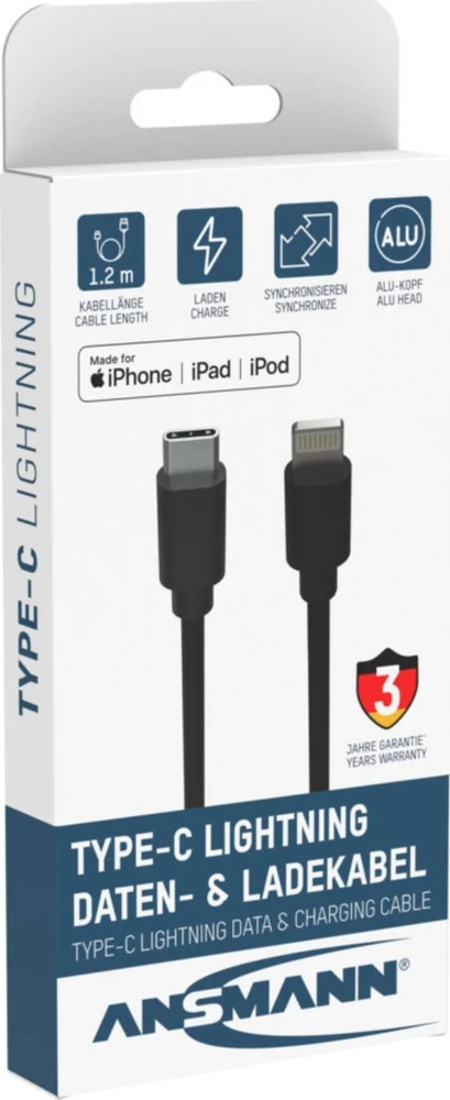 Kabelis USB Ansmann USB-C - Lightning 1.2 m Juodas (1700-0106)