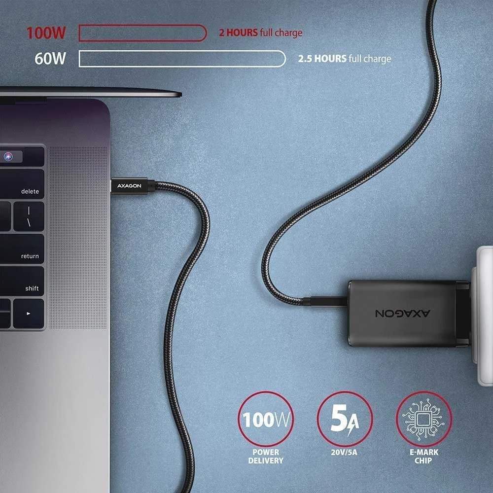 AXAGON BUCM32-CM15AB laidas USB-C <-> USB-C 3.2 Gen 2, 1.5m, PD 100W, 5A, 4K HD, ALU, pintas, Juodas