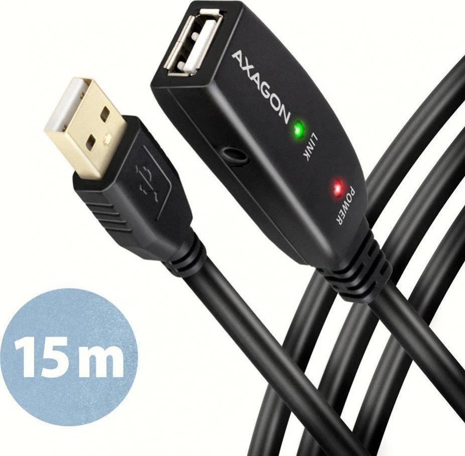 Axagon ADR-215 Aktyvus prailginimas USB 2.0 A-M > A-F laidas, 15 m ilgio. Maitinimo variantas.
