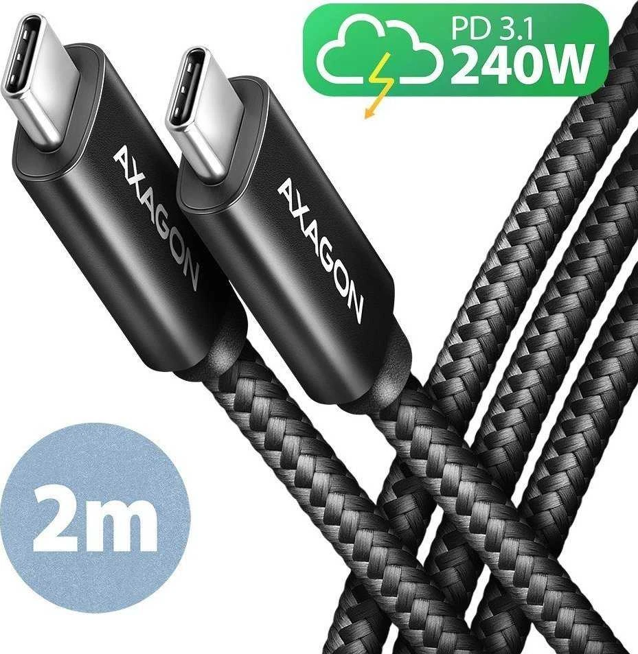 Axagon Data and charging USB 480Mbps kabelio ilgis 2 m. PD 240W, 5A. Juodas braided.
