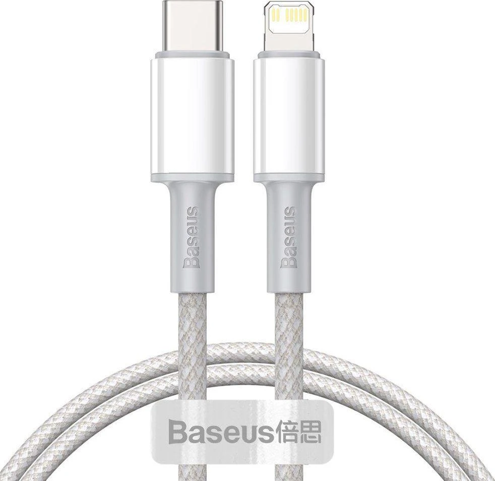 „Baseus“ didelio tankio pintas greito įkrovimo duomenų kabelis, Type-C į „Lightning“ PD 20W, 1m, Baltas (Baltas)
