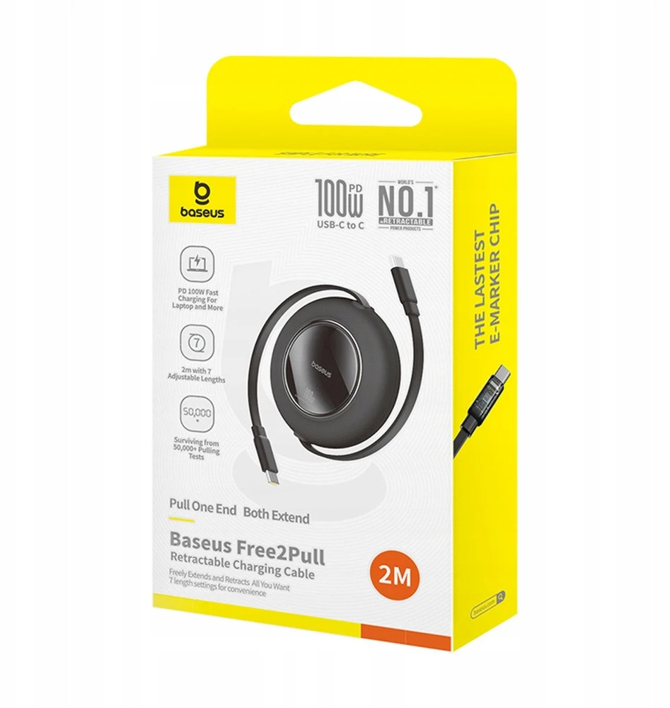 Kabelis Baseus Free2Pull Mini 100W ištraukiamas USB-C - USB-C 2m - juodas