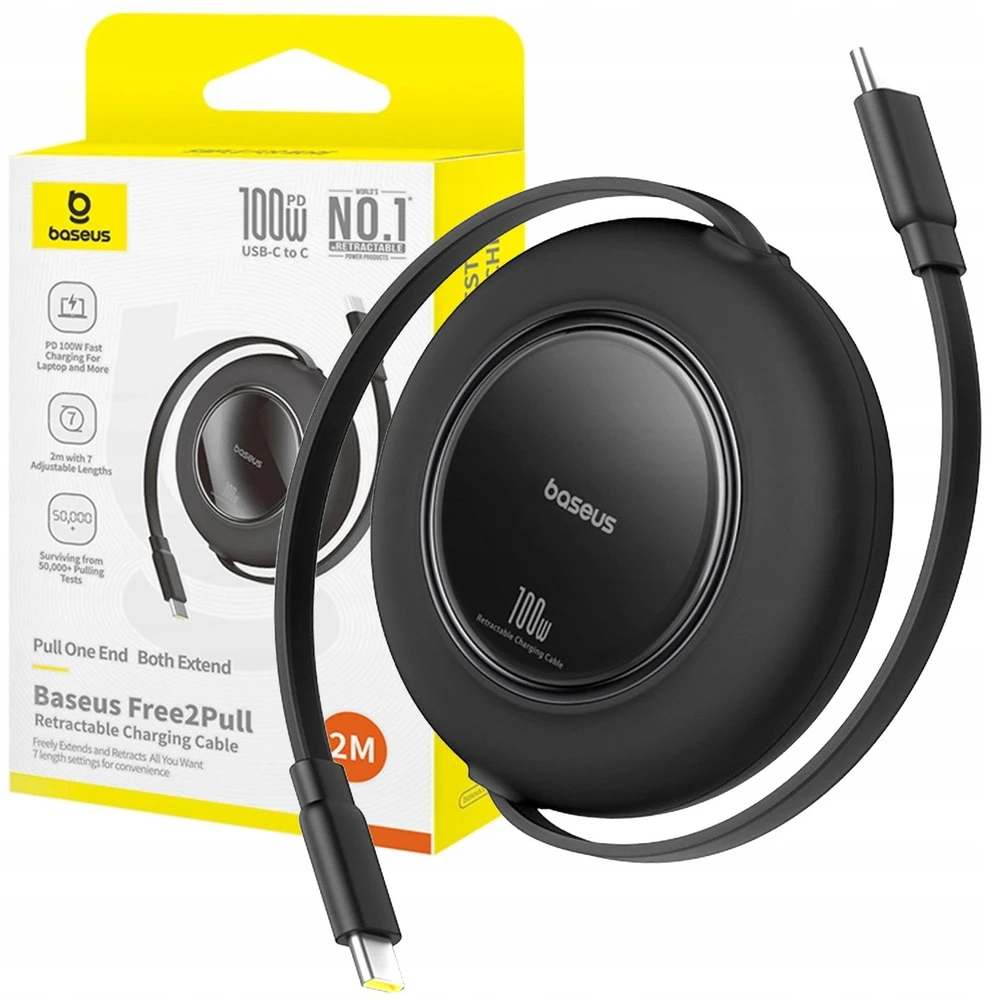 Kabelis Baseus Free2Pull Mini 100W ištraukiamas USB-C - USB-C 2m - juodas