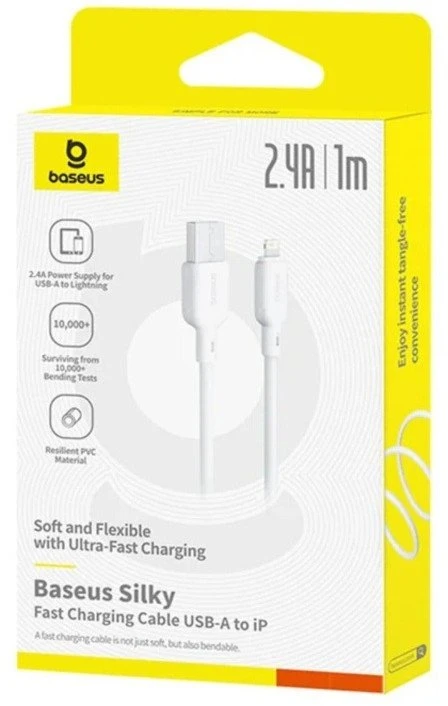 Baseus Silky serijos įkrovimo laidas USB į iPhone 2.4A 2m baltas