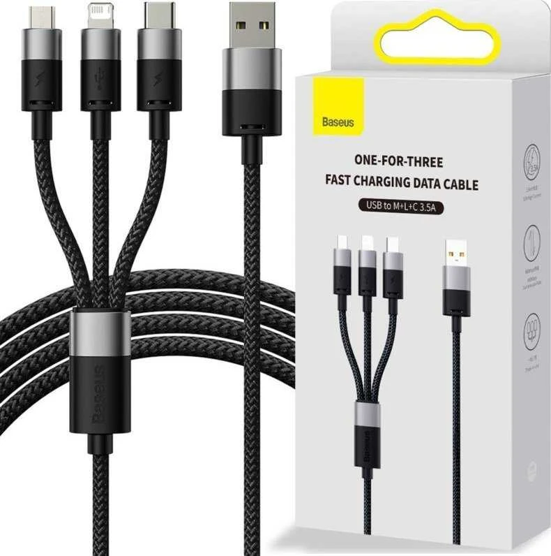 3in1 USB laidas Baseus StarSpeed Series, USB-C + Micro + Lightning 3.5A, 1.2m (juodas)