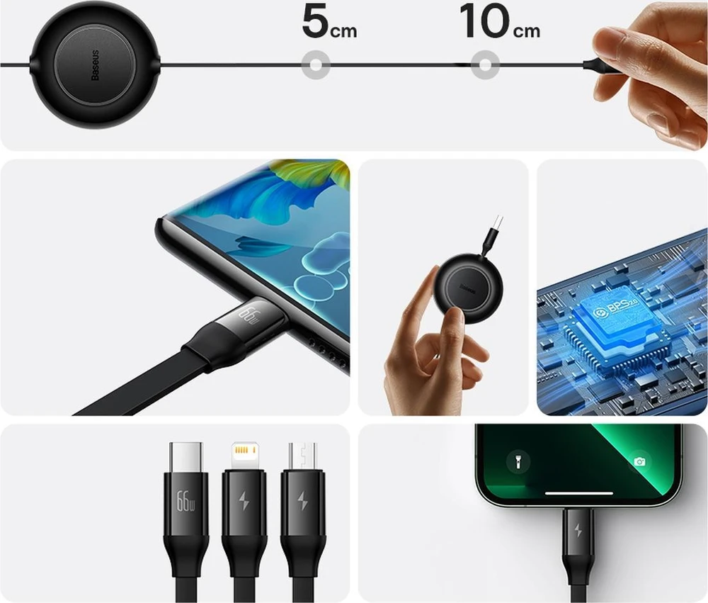 Baseus Bright Mirror 3 USB 3-in-1 kabelis skirtas micro USB USB-C Lightning 66W 2A 1,1m – Juodas