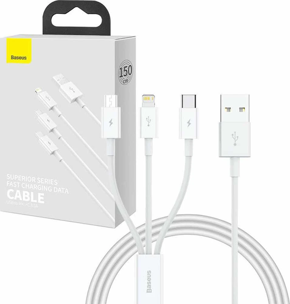 Greitas įkrovimas iš USB į M+L+C Baseus Superior Data 3.5A 1m (baltas)