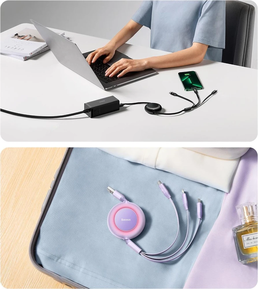 Baseus Bright Mirror 3 USB 3-in-1 kabelis skirtas micro USB USB-C Lightning 66W 2A 1,1m – Juodas