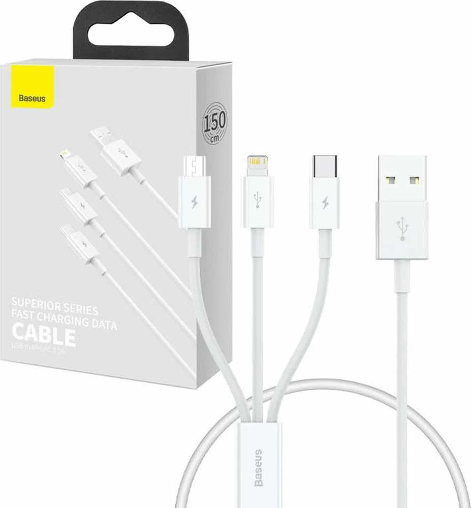 Greitas įkrovimas iš USB į M+L+C Baseus Superior Data 3.5A 0.5m (balta)
