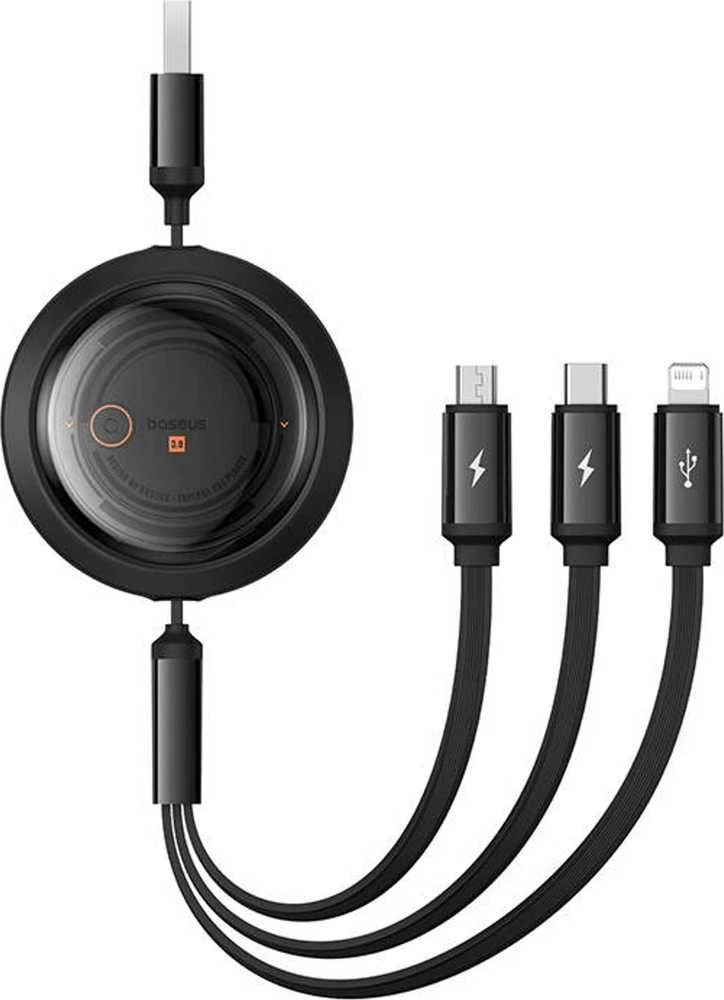 Greito įkrovimo laidas 3in1 Baseus Free2Draw, USB į mikro USB+USB-C+Lightning, 3.5A, 1.1m (juodas)