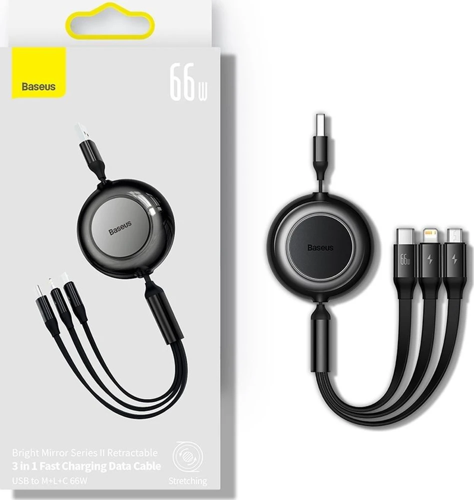 Baseus Bright Mirror 3 USB 3-in-1 kabelis skirtas micro USB USB-C Lightning 66W 2A 1,1m – Juodas