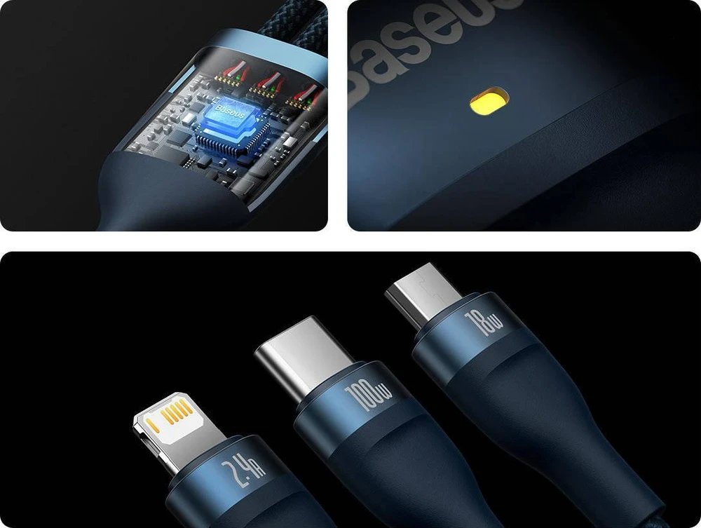 Baseus Flash Series 3in1 USB laidas USB-C + micro USB + Lightning 100W 1.2m - Mėlynas