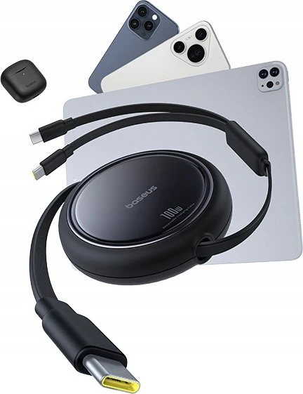 BASEUS retractable kabelis 2in1 Type C į 2 x Type C 100W 1 m juodos spalvos