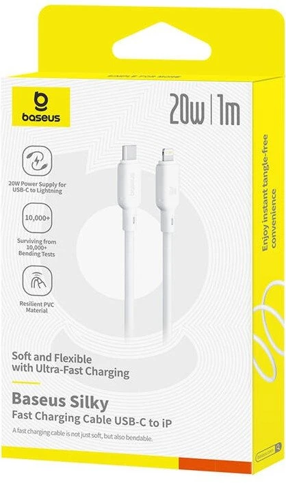 Baseus Silky serijos įkrovimo laidas iš Type-C į iPhone 20W, 2m, mėnulio baltumo